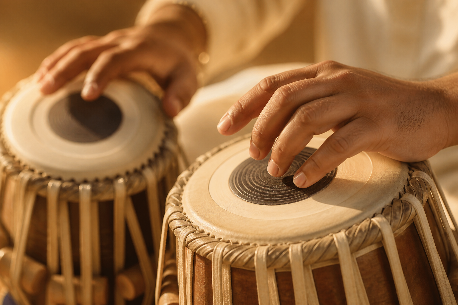 Close-up of hands playing tabla in warm light